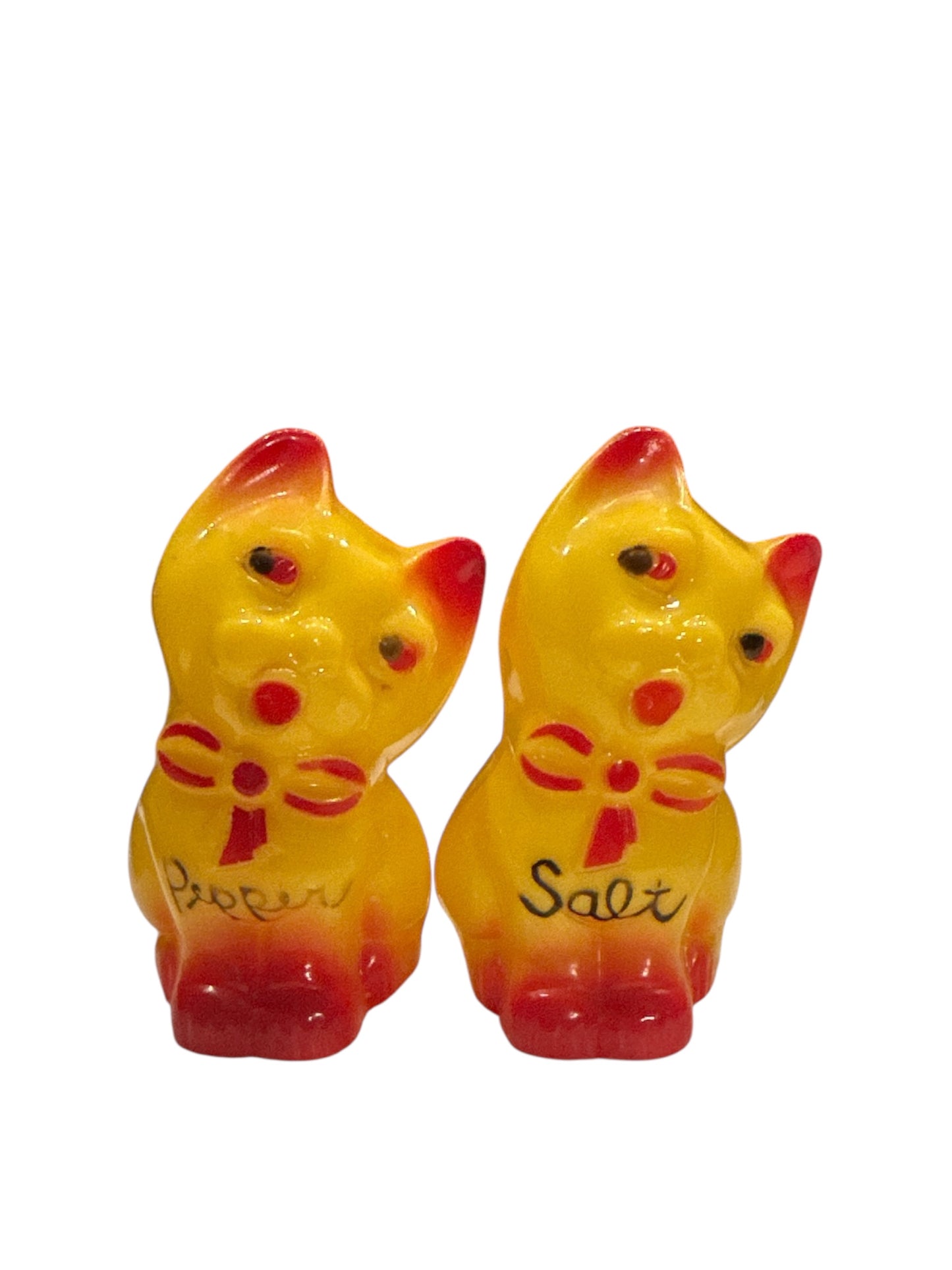Creepy 1950 Celluloid Vintage Red Eyed Cat Salt and Pepper Shakers