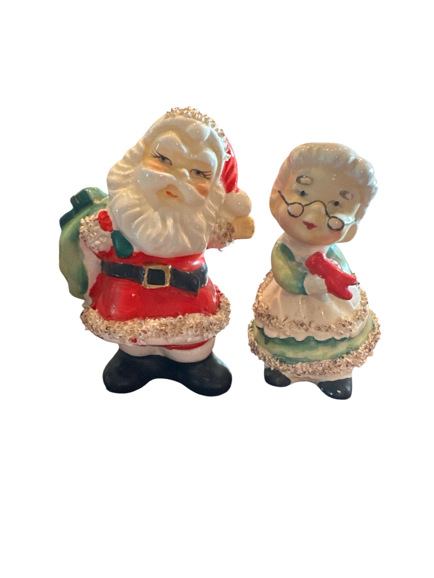1957 Signed Lefton Mr. and Mrs. Claus salt and pepper shakers with spaghetti trim and original corks