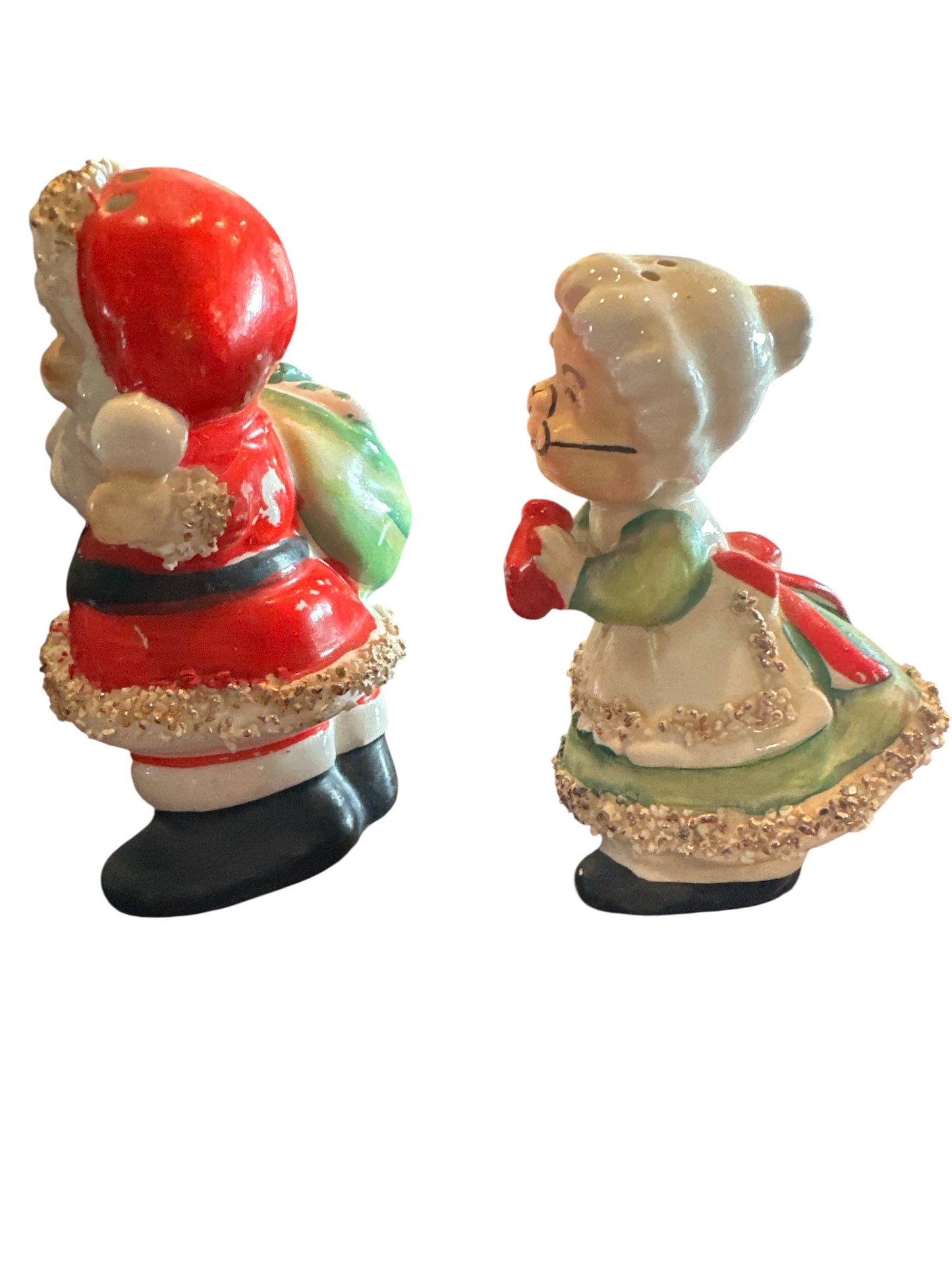 1957 Signed Lefton Mr. and Mrs. Claus salt and pepper shakers with spaghetti trim and original corks