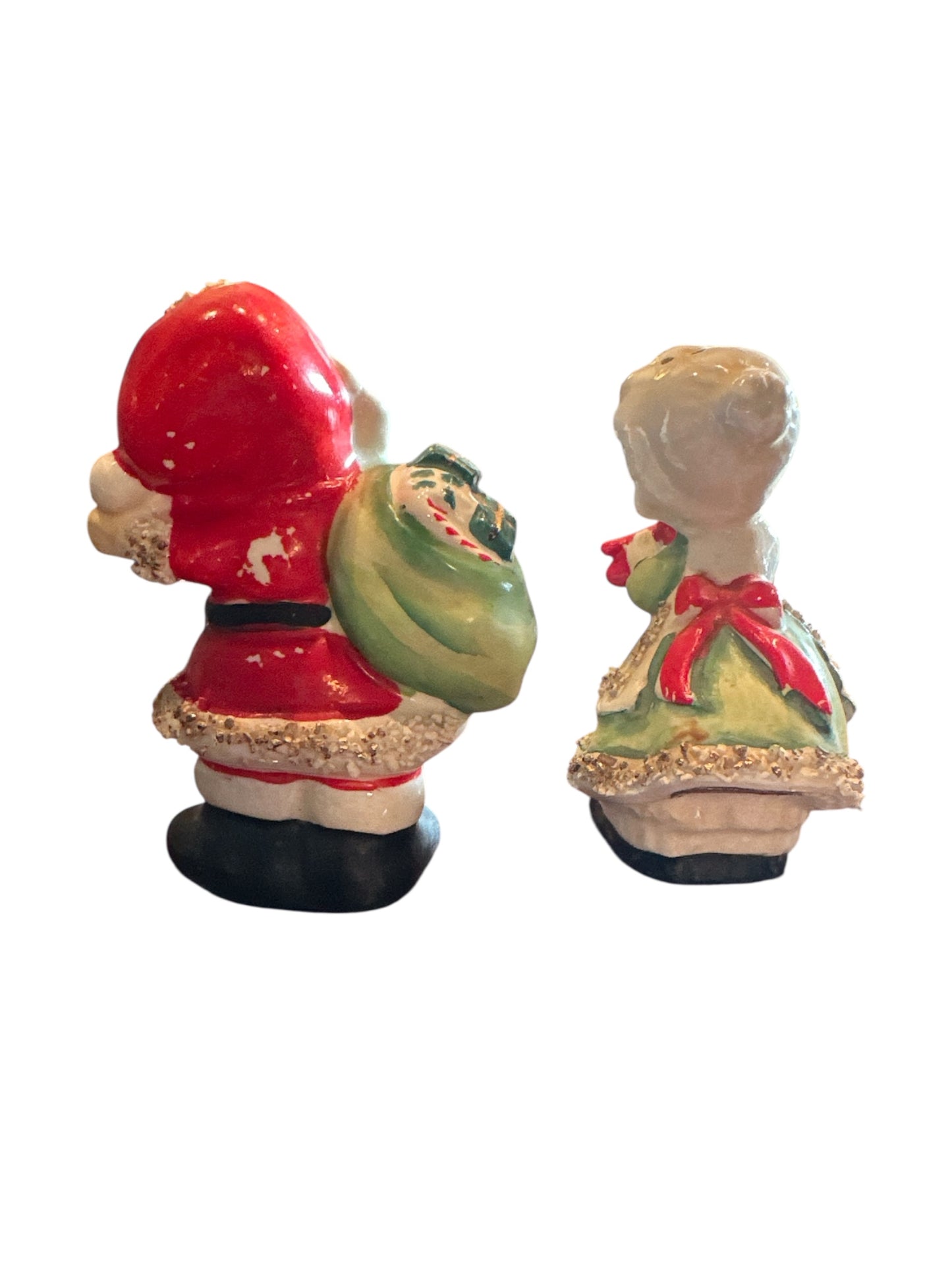 1957 Signed Lefton Mr. and Mrs. Claus salt and pepper shakers with spaghetti trim and original corks