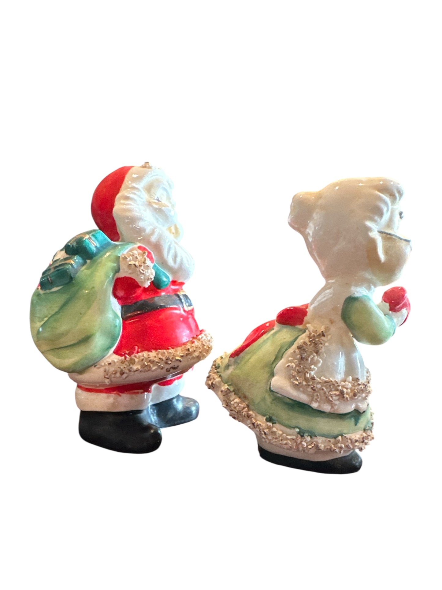 1957 Signed Lefton Mr. and Mrs. Claus salt and pepper shakers with spaghetti trim and original corks