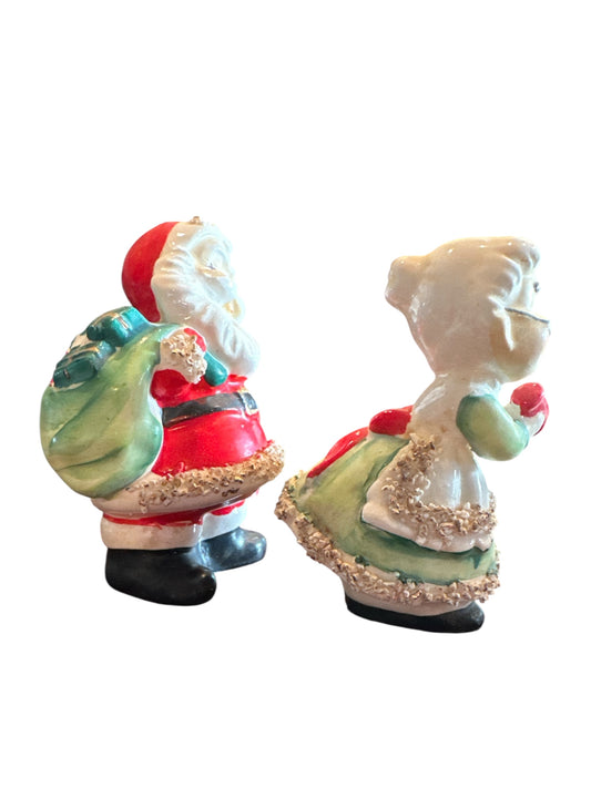 1957 Signed Lefton Mr. and Mrs. Claus salt and pepper shakers with spaghetti trim and original corks