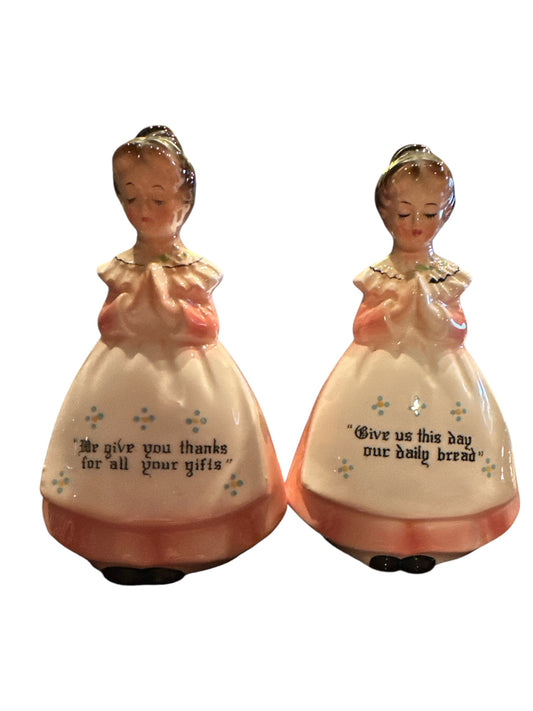 Vintage Enesco Mother in the Kitchen Prayer Lady Salt and Pepper Shakers Set
